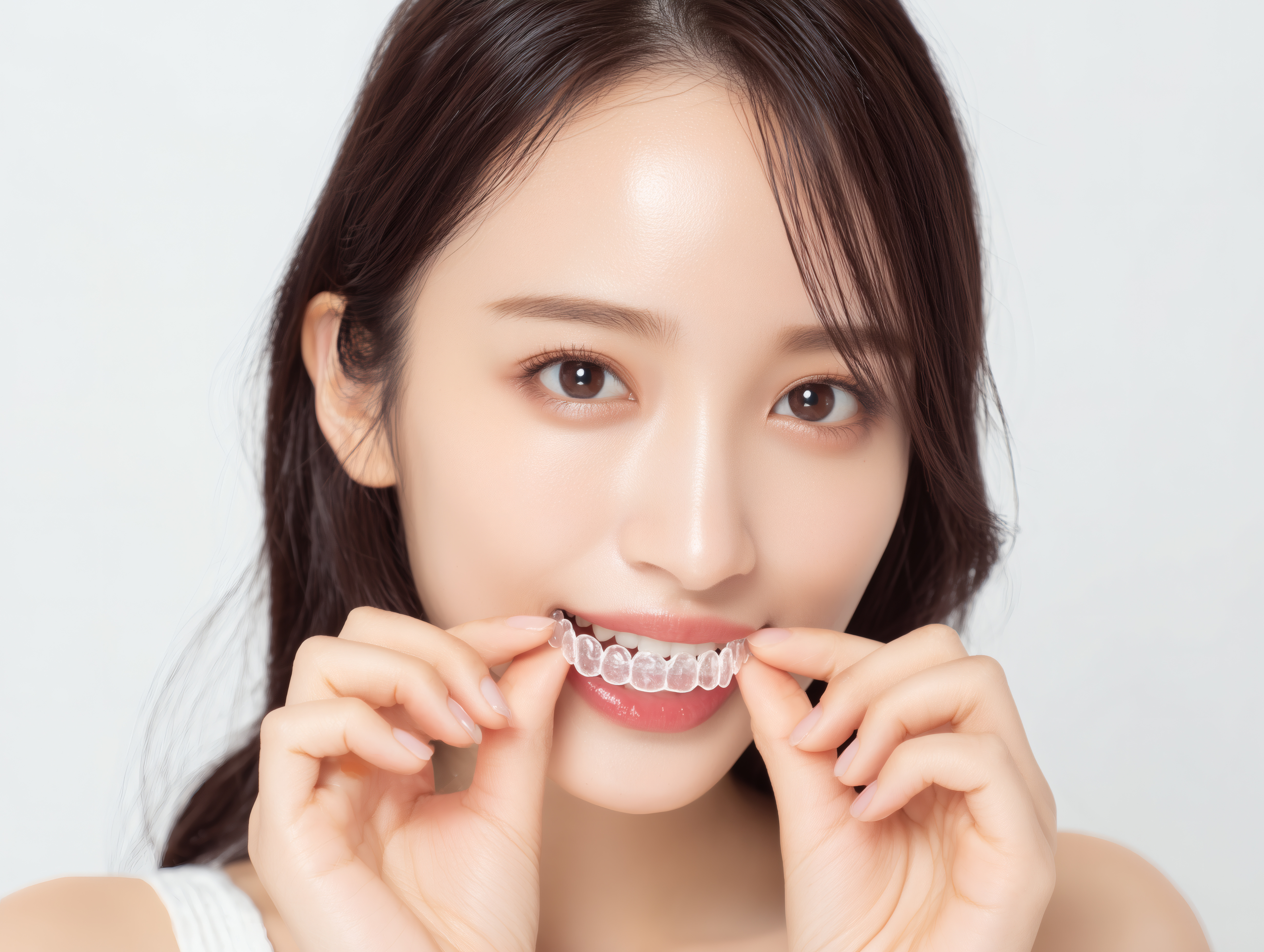 マウスピース矯正を手にする女性